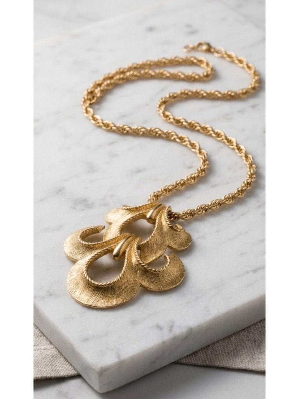 Vintage Monet Gold-Tone Statement Pendant Necklace With Textured Design & Chain - Picture 8 of 8